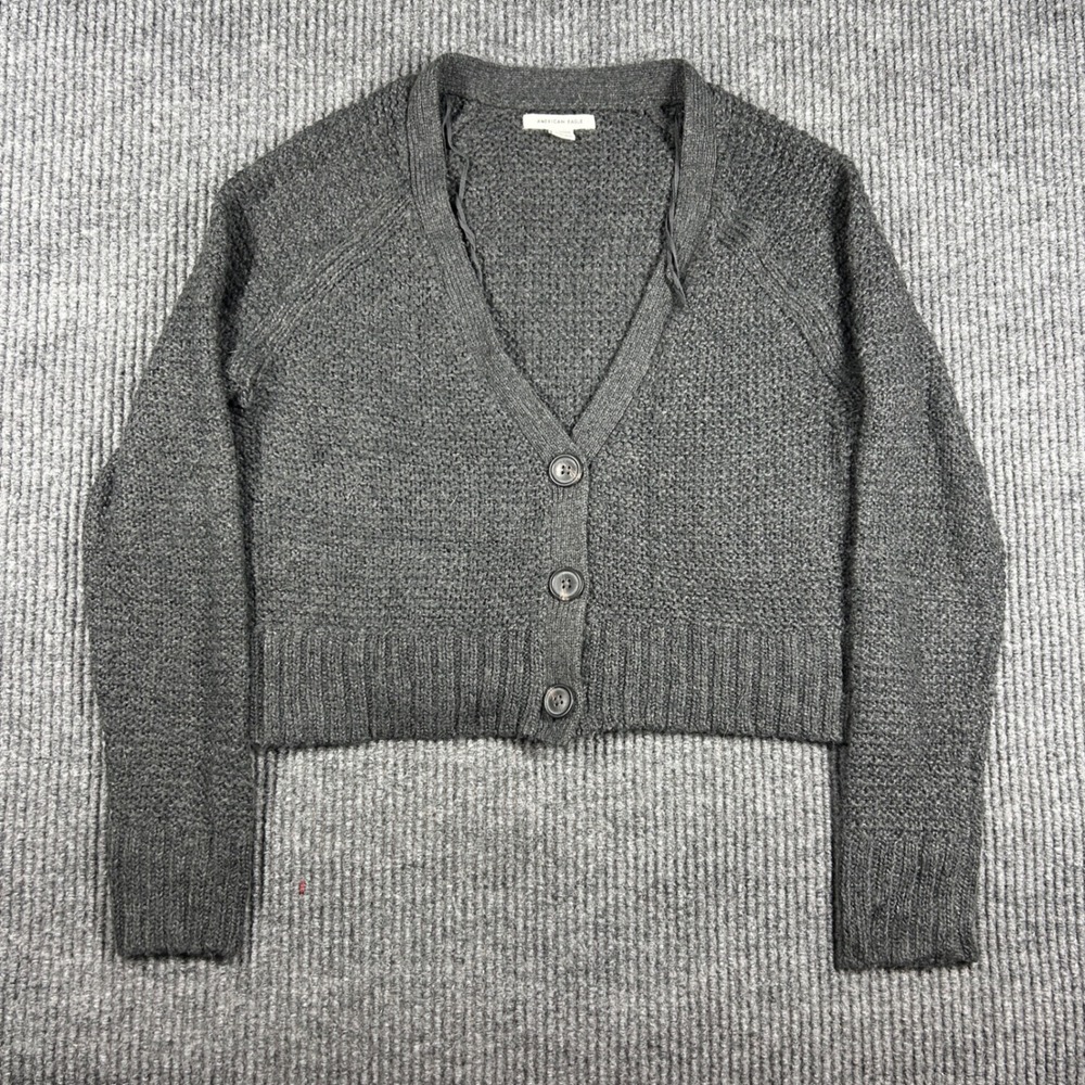 American Eagle Sweater Women XS Gray Cropped Button Front Knit Cardigan  Raglan